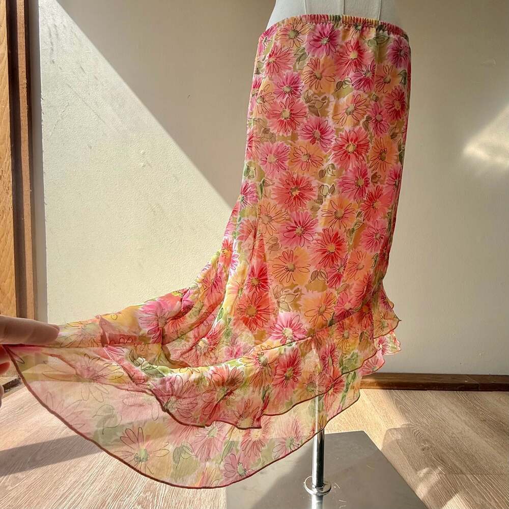 Vintage Y2K My Michelle Pink Floral Mesh Asymmetrical Ruffle Midi Skirt